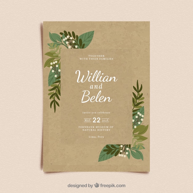 Free vector floral wedding card with hand drawn style