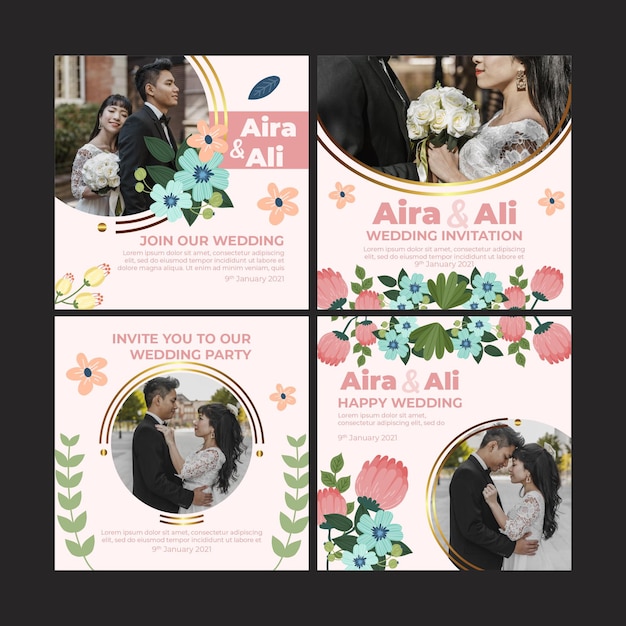 Free vector floral wedding instagram posts collection