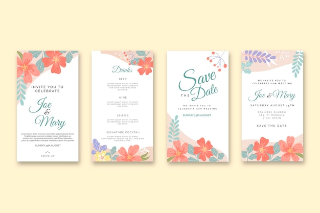 Free vector floral wedding instagram stories collection