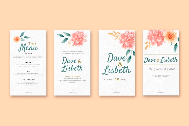 Free vector floral wedding instagram stories collection