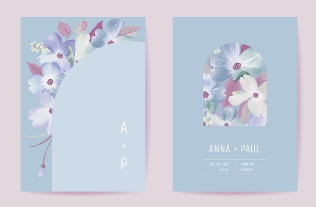 花の結婚式の招待状の植物カード。自由奔放に生きる咲くハナミズキの花のポスター、フレームセット、モダンな最小限の紫のテンプレートベクトル。日付を保存黄金色の葉のトレンディなデザイン、豪華なパンフレット