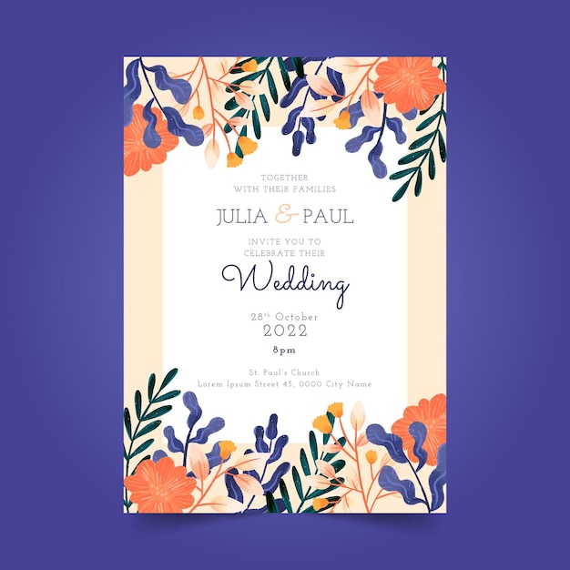 Free vector floral wedding invitation card with  hand drawn flowers