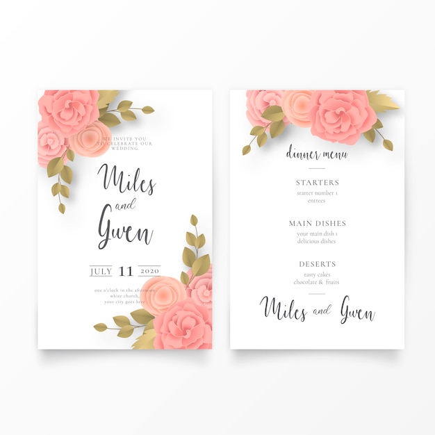 Цветочные свадебные приглашения и шаблон меню