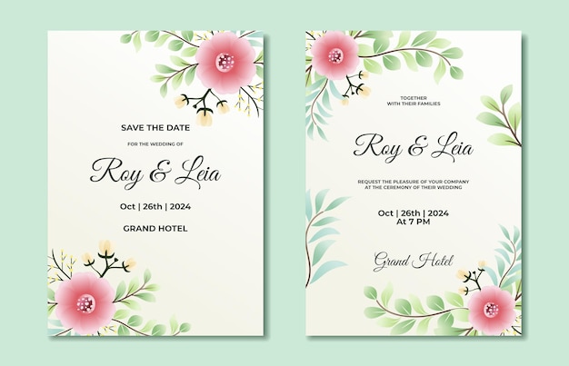 Floral wedding invitation or save the date card template with hand drawn leaves ornament
