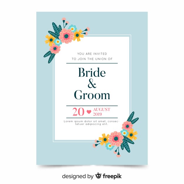 Floral wedding invitation template on flat design