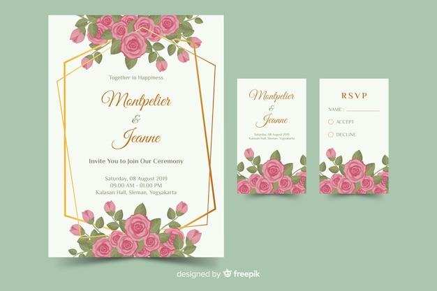 フラットなデザインで花の結婚式の招待状のテンプレート