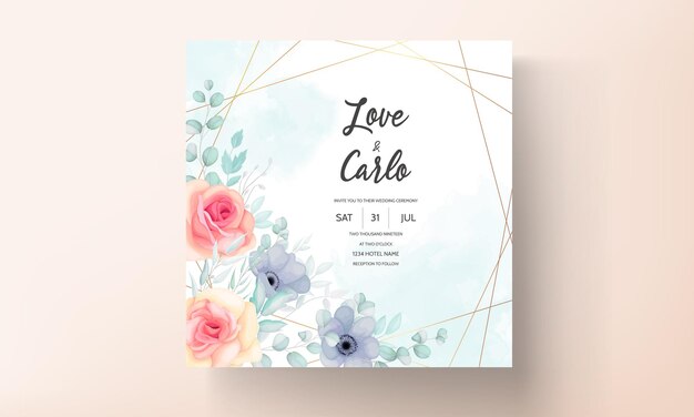 Floral wedding invitation template set with beautiful flowers and leaves decoration