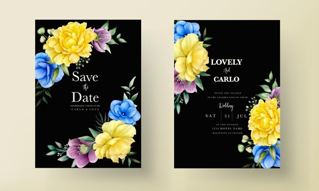 Floral wedding invitation template set with beautiful flowers and leaves decoration