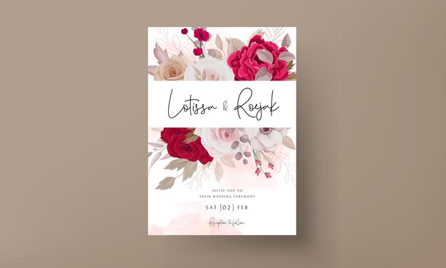 Floral wedding invitation template set with brown and maroon roses flowers and leaves decoration