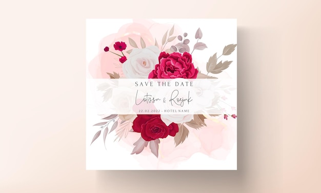 Floral wedding invitation template set with brown and maroon roses flowers and leaves decoration