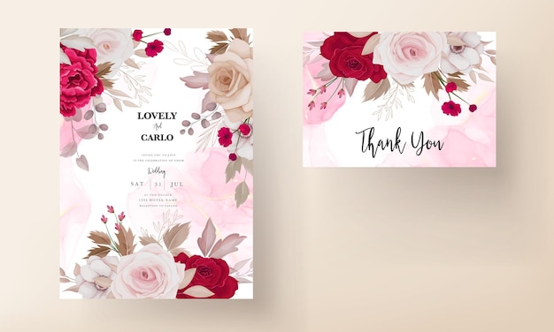 Free vector floral wedding invitation template set with brown and maroon roses flowers and leaves decoration