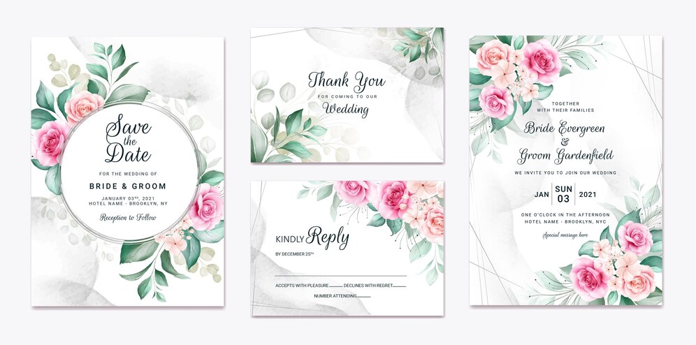 Floral wedding invitation template set with brown and peach roses flowers and leaves decoration. Pr