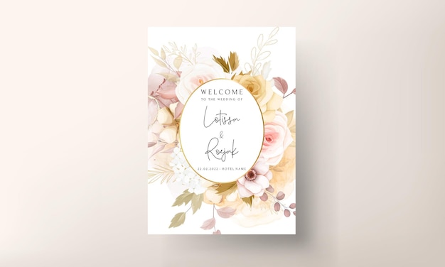 Free vector floral wedding invitation template set with elegant brown flower leaves