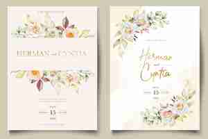 Free vector floral wedding invitation template set with elegant brown leaves