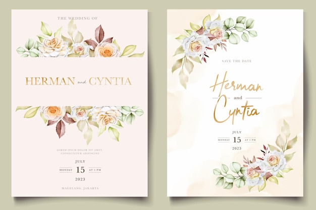 Floral wedding invitation template set with elegant brown leaves