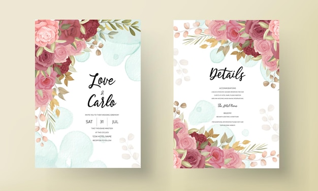 Floral wedding invitation template set with elegant flower and leaves decoration