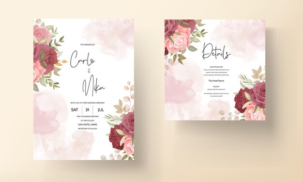 Floral wedding invitation template set with elegant flower and leaves decoration