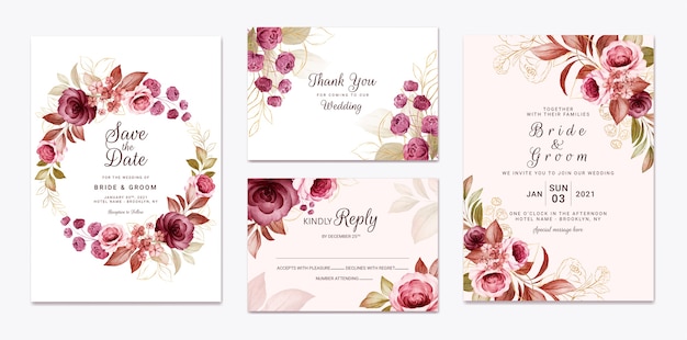 ゴールドバーガンディ​と​茶色​の​バラ​の​花​と​葉​の​装飾​が​設定された​花​の​結婚式​の​招待状​の​テンプレート​。​植物​カード​の​デザイン​コンセプト