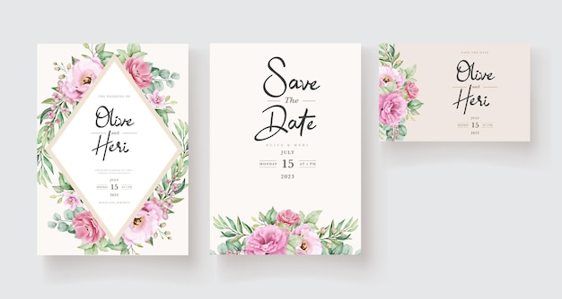 Floral wedding invitation template set with pink roses flowers and leaves