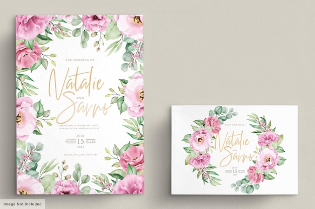 Floral wedding invitation template set with pink roses flowers and leaves