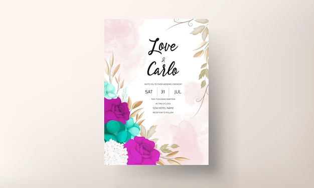 Free vector floral wedding invitation template set with purple and greenery watercolor flower and leaves  decora