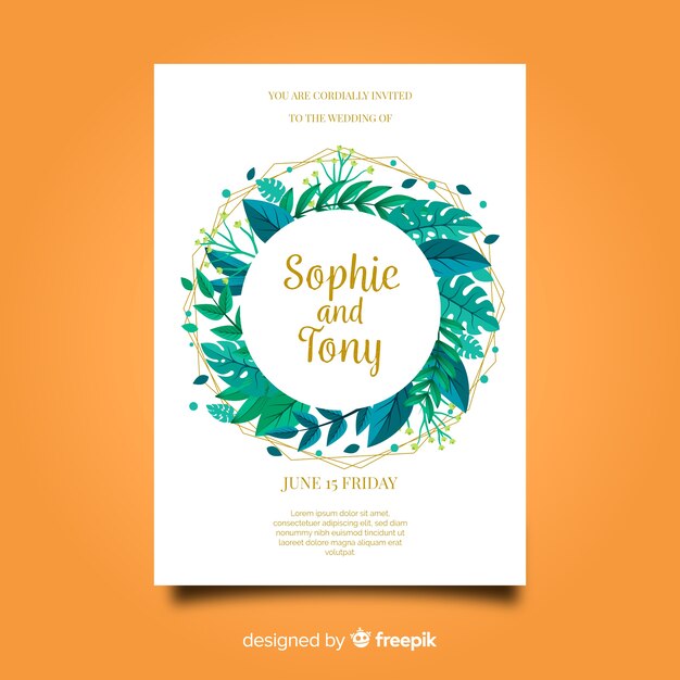 Free vector floral wedding invitation template with elegant golden frame