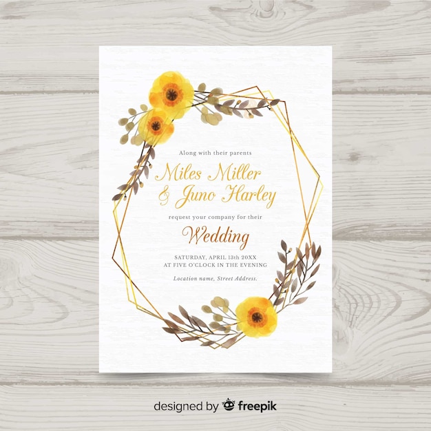 Floral wedding invitation template with elegant golden frame