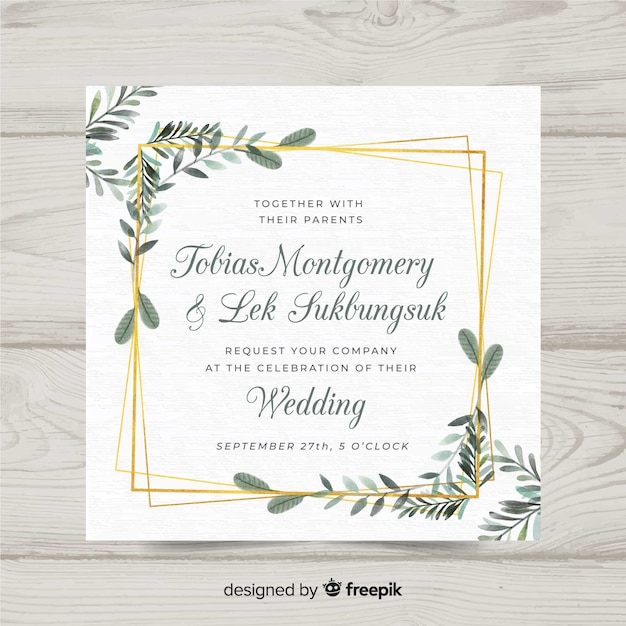 Floral wedding invitation template with elegant golden frame