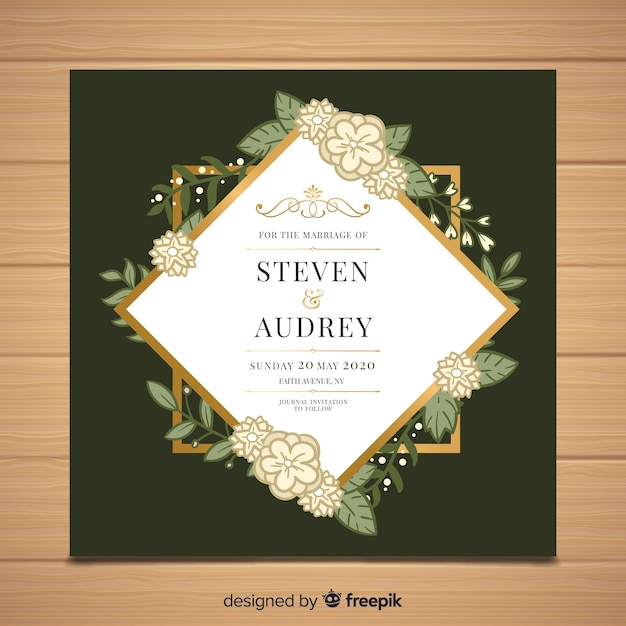 Floral wedding invitation template with golden design elements