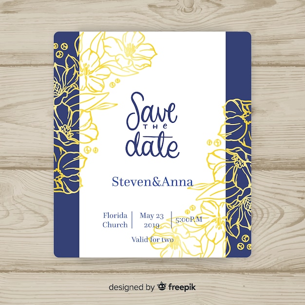 Floral wedding invitation template with golden design elements