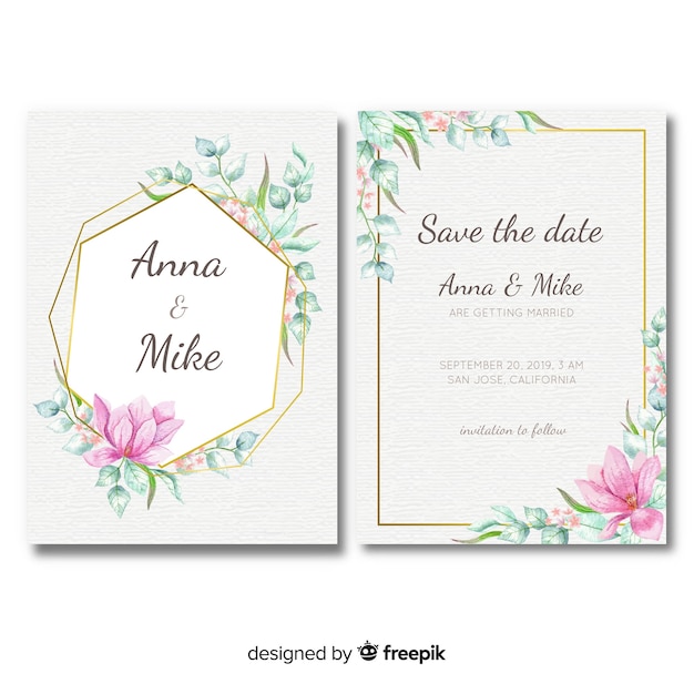 Free vector floral wedding invitation template with golden elements