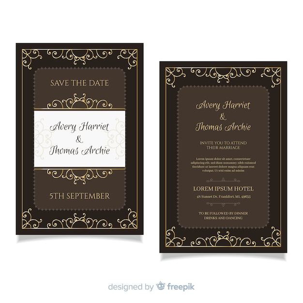 Free vector floral wedding invitation template with golden elements