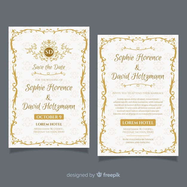 Free vector floral wedding invitation template with golden frame