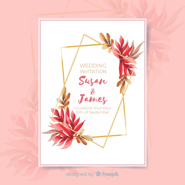 Floral wedding invitation template with golden frame