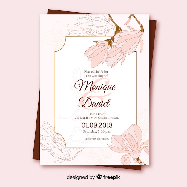 Floral wedding invitation template with golden frame