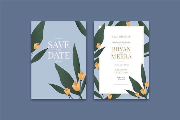 Floral wedding invitation template with leaves