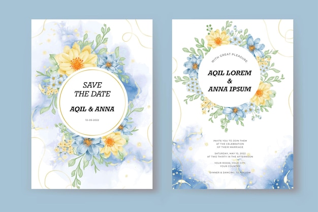 Free vector floral wedding invitation template with soft flower blue yellow