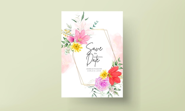 Floral wedding invitation with beautiful colorful flower watercolor
