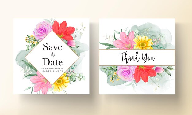 美しいカラフルな花の水彩画と花の結婚式の招待状