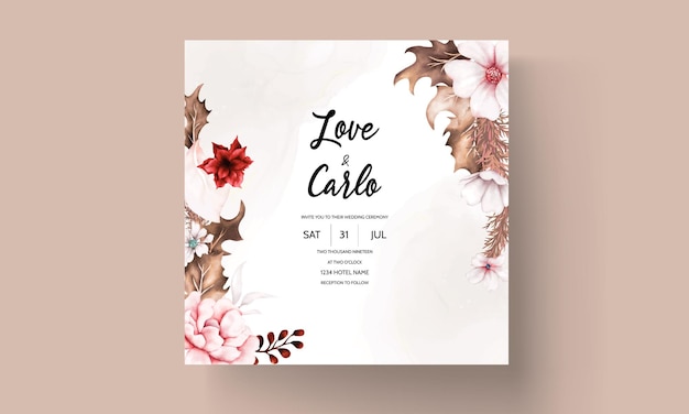 Free vector floral wedding invitation with brown foliage