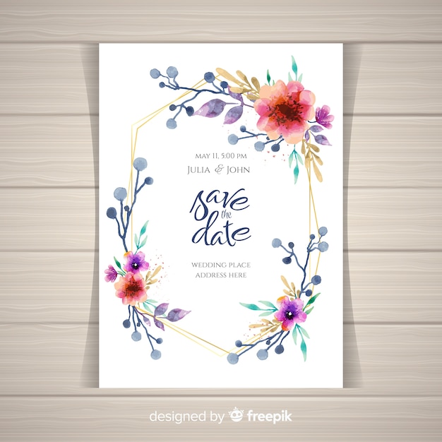 Floral wedding invitation with golden frame