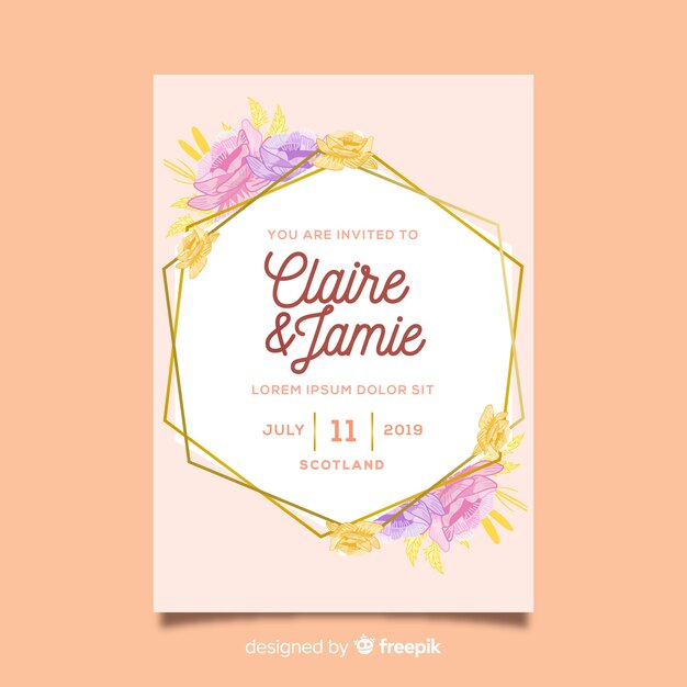 Floral wedding invitation with golden frame
