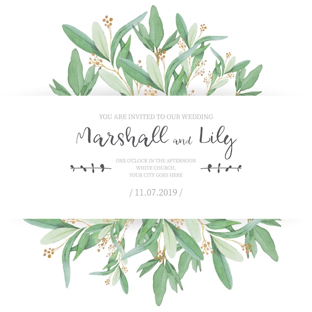 Floral wedding invitation with ornamental leaves Free Vector