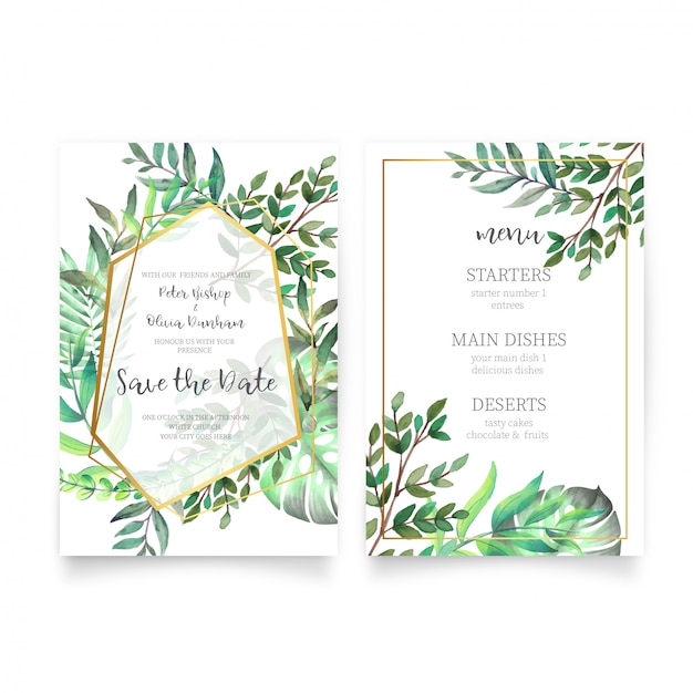 Floral Wedding Invitation with Watercolor Leaves