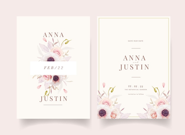 Floral wedding invitation with watercolor pink roses and anemones flower