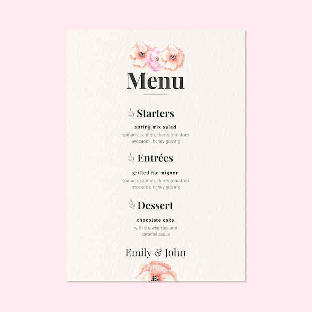 Concetto di menu matrimonio floreale