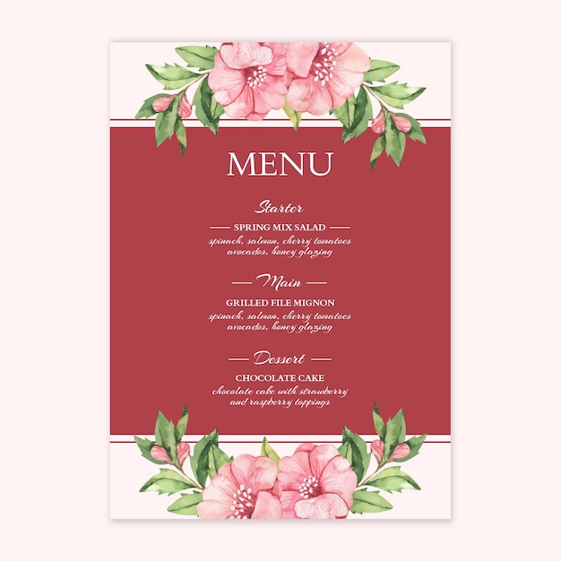 Vettore gratuito modello di menu matrimonio floreale