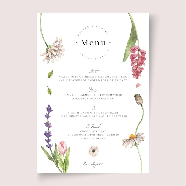 Vettore gratuito modello di menu matrimonio floreale