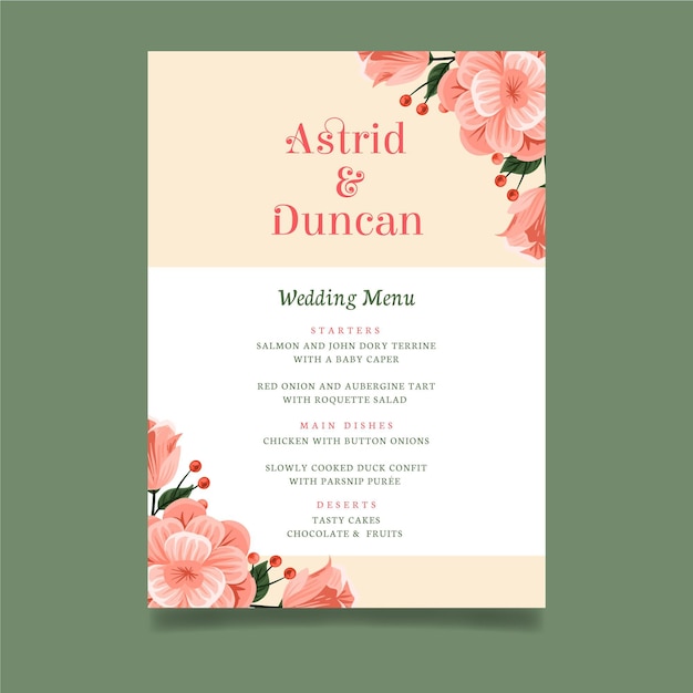 Free vector floral wedding menu template