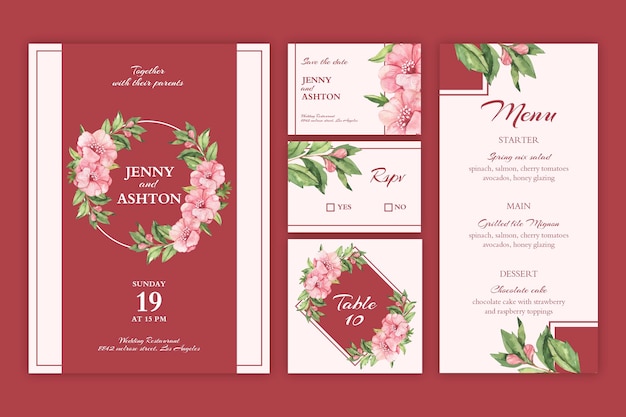 Бесплатное векторное изображение Коллекция цветочных свадебных канцелярских товаров